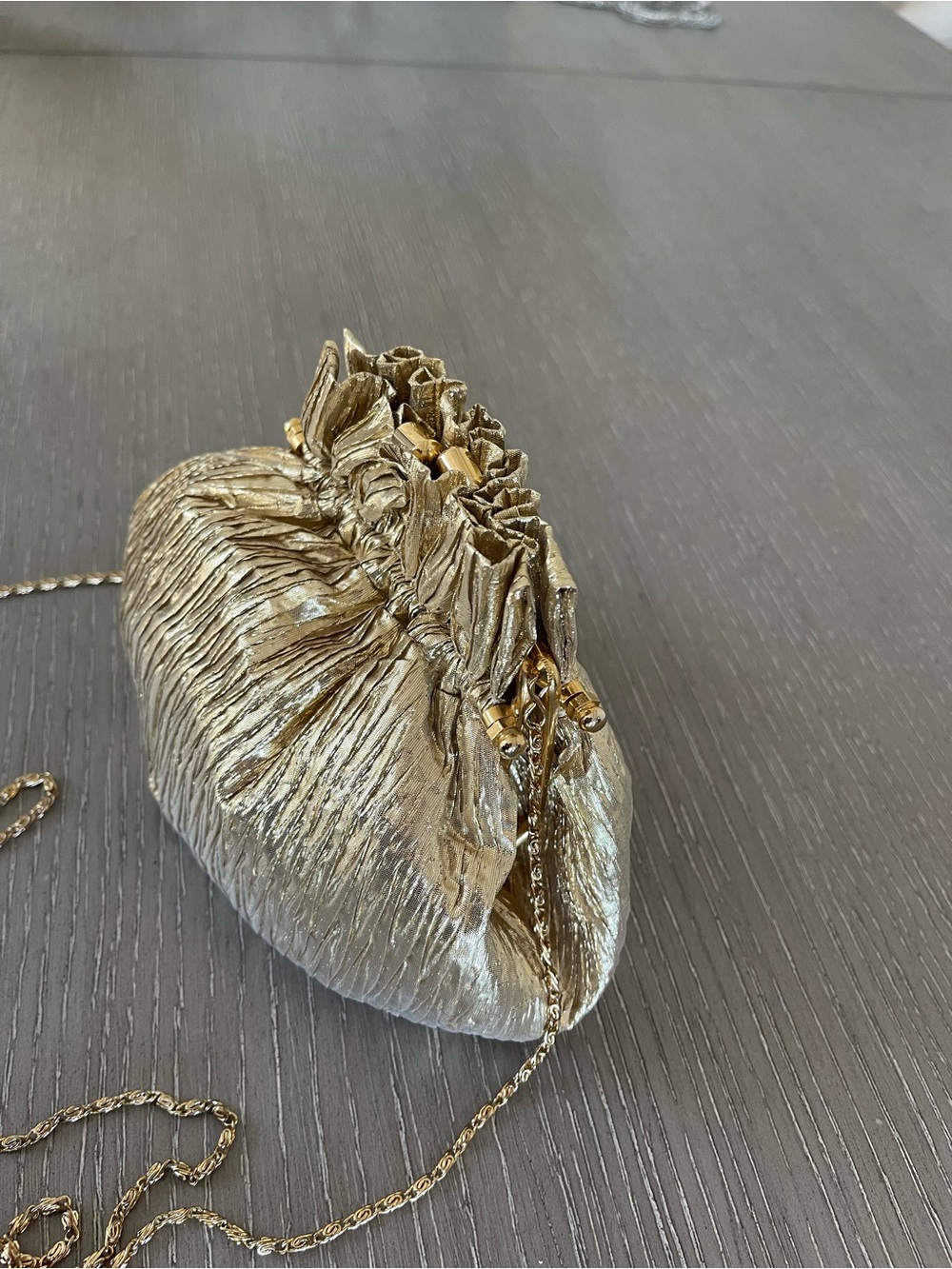 Gold Metallic Ruched Drawstring Wristlet with Chain Strap - Picture 3 of 11